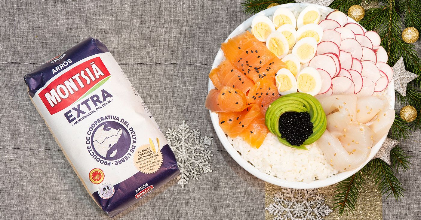 Delta Poke Bowl Christmas Lovers: rice, smoked salmon and cod, quail eggs and caviar