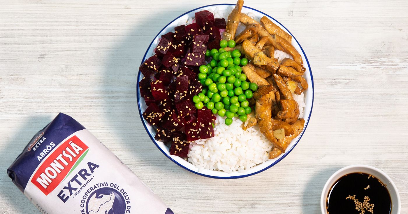 Rice, peas, beets, chicken, sweet & sour sauce Delta Poke Bowl